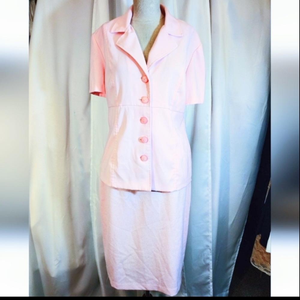 Sag Harbor Skirt+Jacket: Lisa Jo BttnUp Jacket, Shrt Sleeve, Collar+Midi Skirt,L